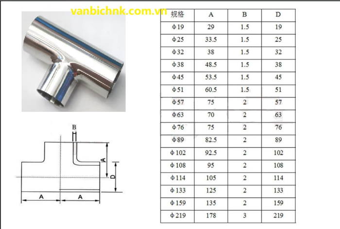 Bản vẽ và thông số tê hàn vi sinh inox